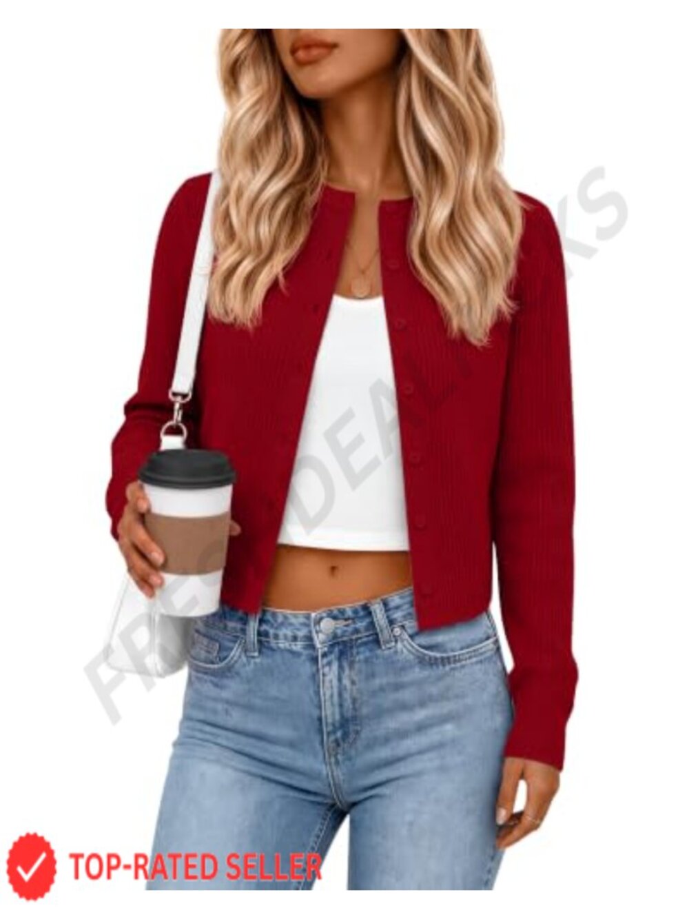 Ribbed Cotton Cropped Cardigan Long Sleeve Button Front Open Knit